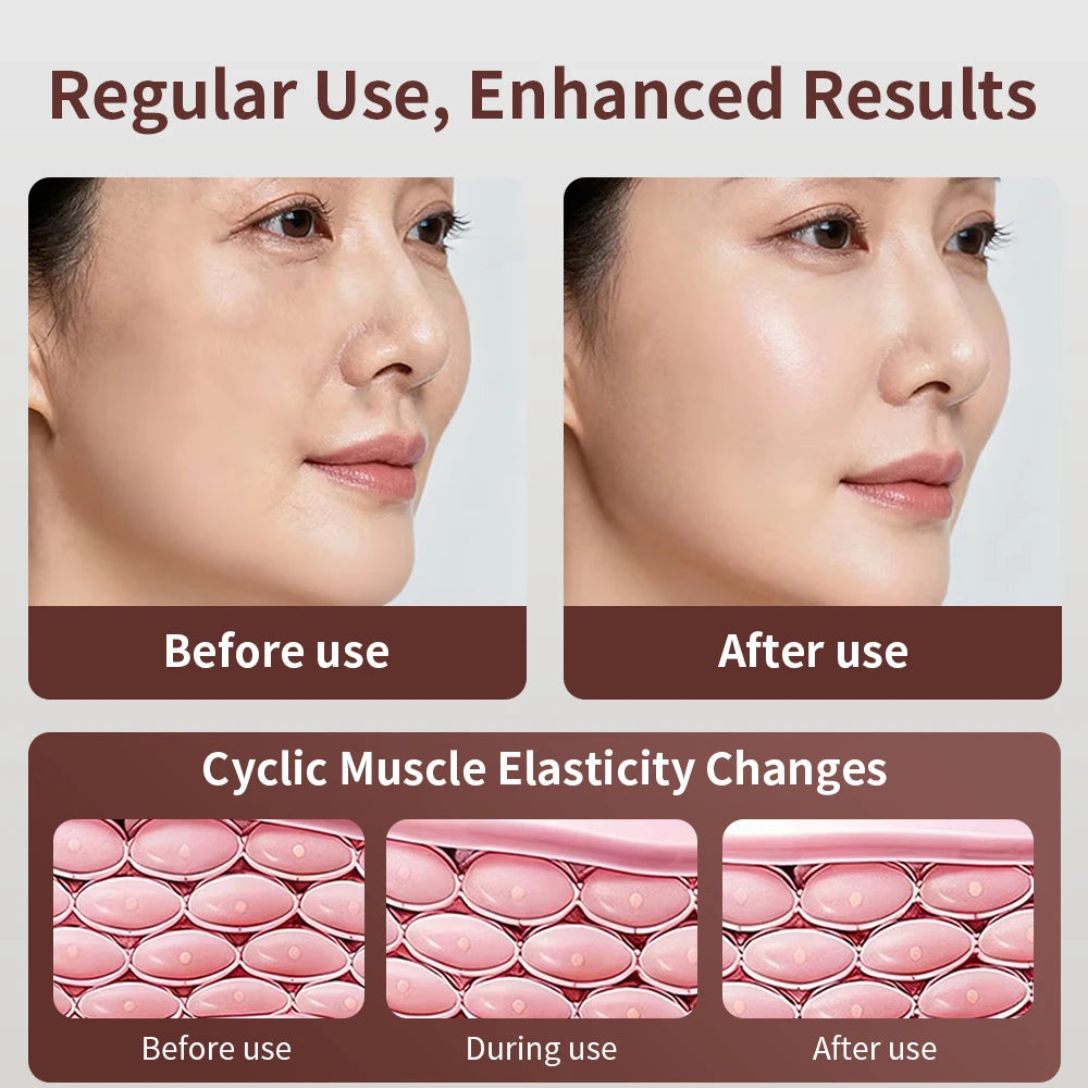 Before and after comparison of jawline contouring next to a diagram of muscle elasticity changes from using a jaw exerciser.