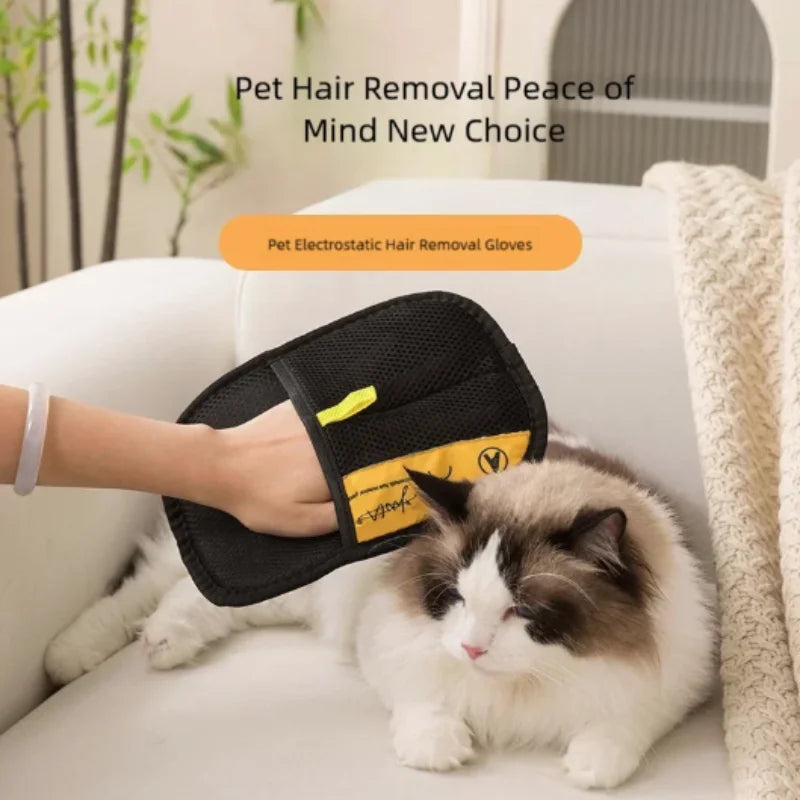 FurAway pet grooming glove with its yellow fabric pull tab.