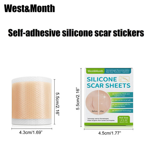 West and Month self-adhesive silicone scar tape roll with measurement graphic showing height of 5.5cm and diameter of 4.3cm next to the product box.