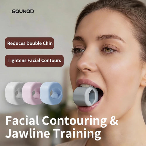"Woman demonstrating the Gounod silicone jaw exerciser ball for facial contouring and jawline training next to color variations.