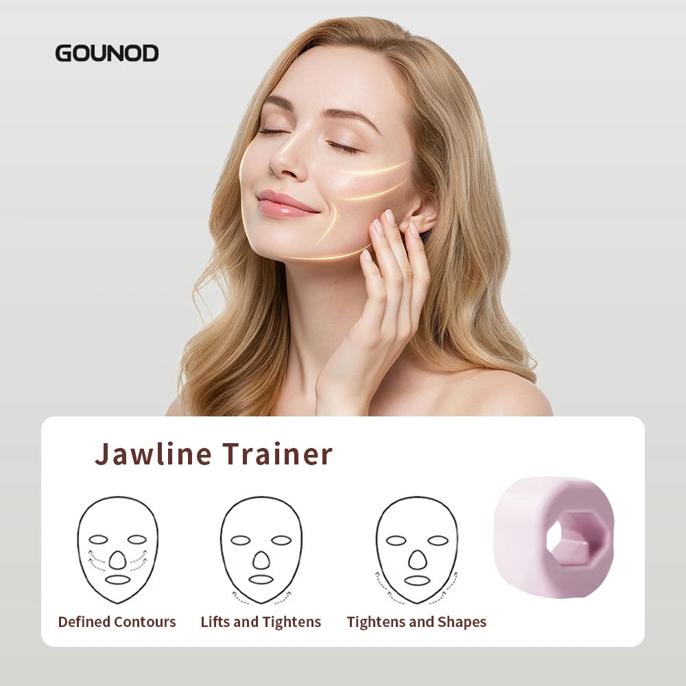 Gounod jawline trainer benefits graphic highlighting defined contours, face lifting, and tightening with pink silicone exercise ball.