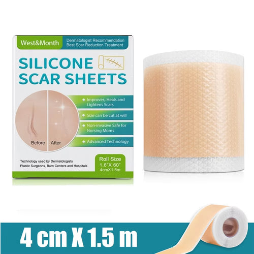 Roll of skin-toned medical silicone scar sheets with measurements showing 4cm by 1.5m.