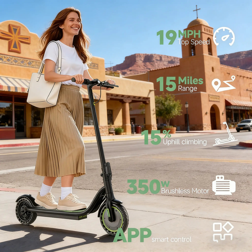 Safe Adult Urban Commuter Electric Scooter with 350W Motor, 19MPH Top Speed, 8.5" Solid Anti-Puncture Tires, Double Braking System, App Control