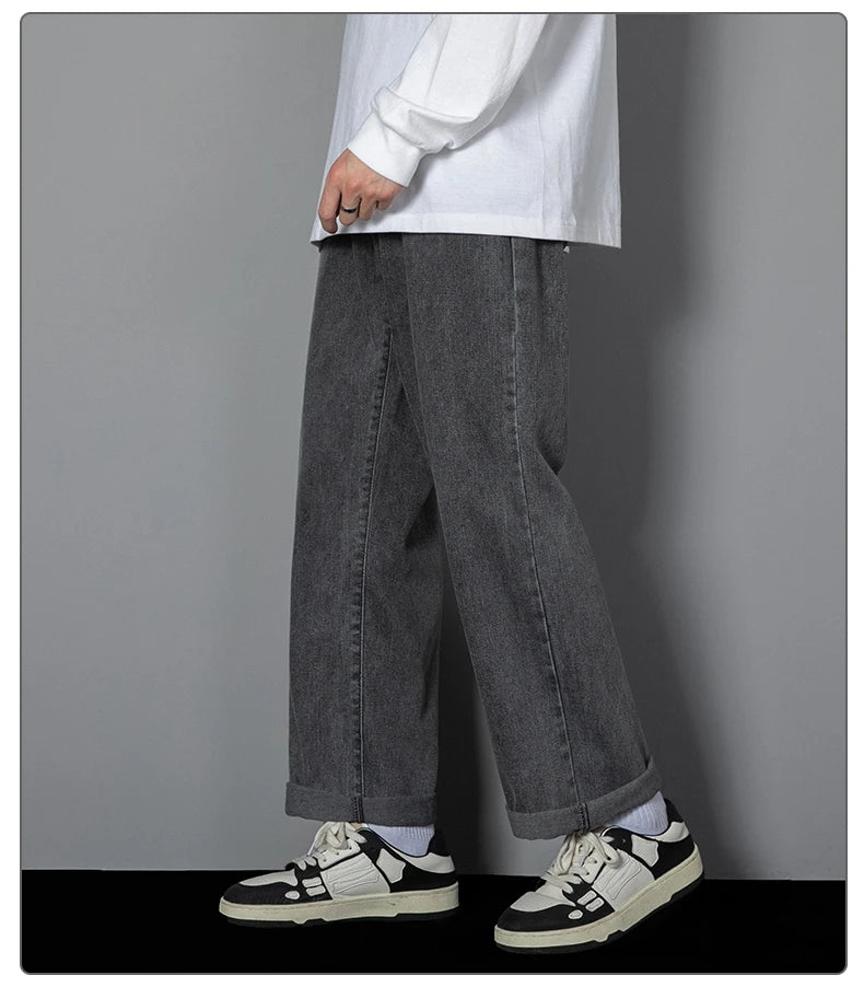 2026 New Korean Men's Casual Long Jeans Classic Man Straight Denim Wide-leg Pants Solid Color Light Blue Grey Black