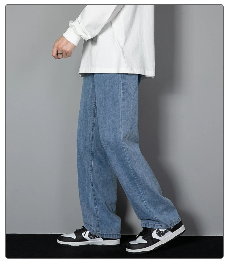 2026 New Korean Men's Casual Long Jeans Classic Man Straight Denim Wide-leg Pants Solid Color Light Blue Grey Black