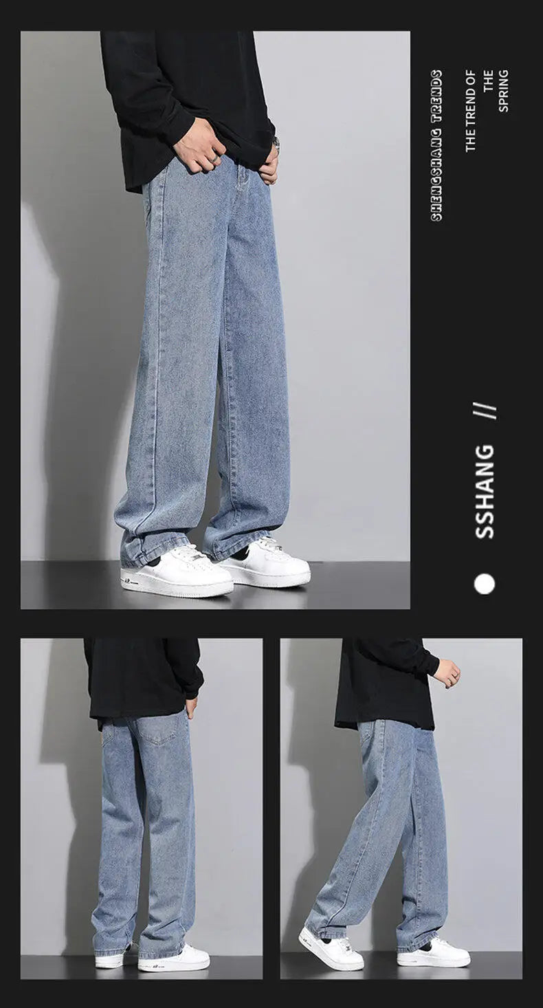 2026 New Korean Men's Casual Long Jeans Classic Man Straight Denim Wide-leg Pants Solid Color Light Blue Grey Black