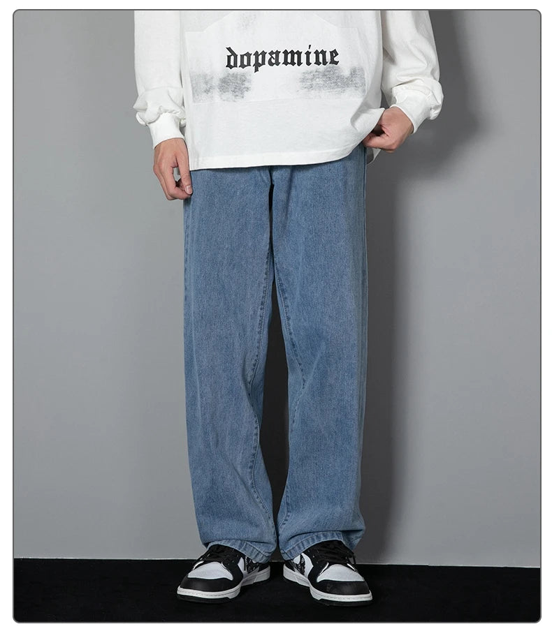 2026 New Korean Men's Casual Long Jeans Classic Man Straight Denim Wide-leg Pants Solid Color Light Blue Grey Black