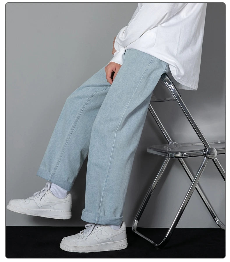 2026 New Korean Men's Casual Long Jeans Classic Man Straight Denim Wide-leg Pants Solid Color Light Blue Grey Black