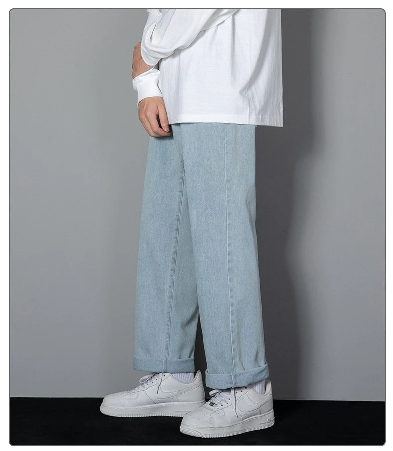 2026 New Korean Men's Casual Long Jeans Classic Man Straight Denim Wide-leg Pants Solid Color Light Blue Grey Black