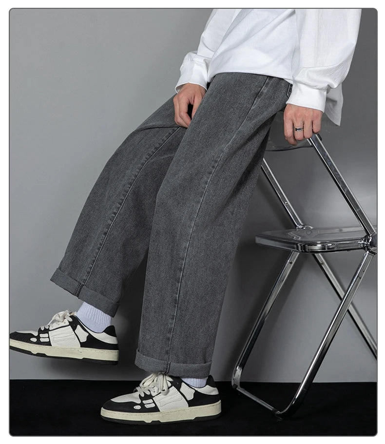 2026 New Korean Men's Casual Long Jeans Classic Man Straight Denim Wide-leg Pants Solid Color Light Blue Grey Black