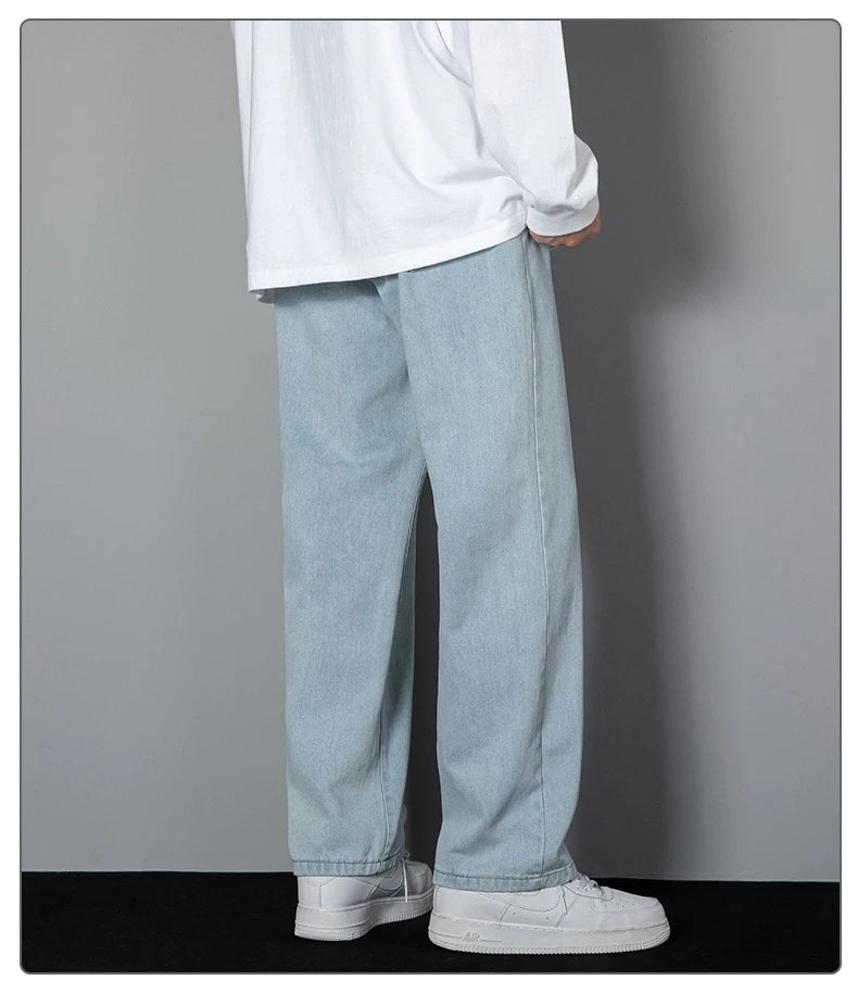 2026 New Korean Men's Casual Long Jeans Classic Man Straight Denim Wide-leg Pants Solid Color Light Blue Grey Black
